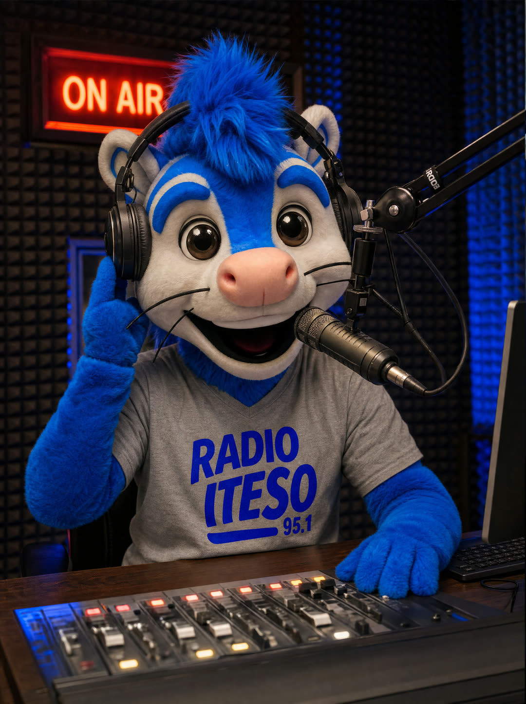 Nachito con audífonos frente al micrófono en una cabina de radio, playera de Radio ITESO 95.1